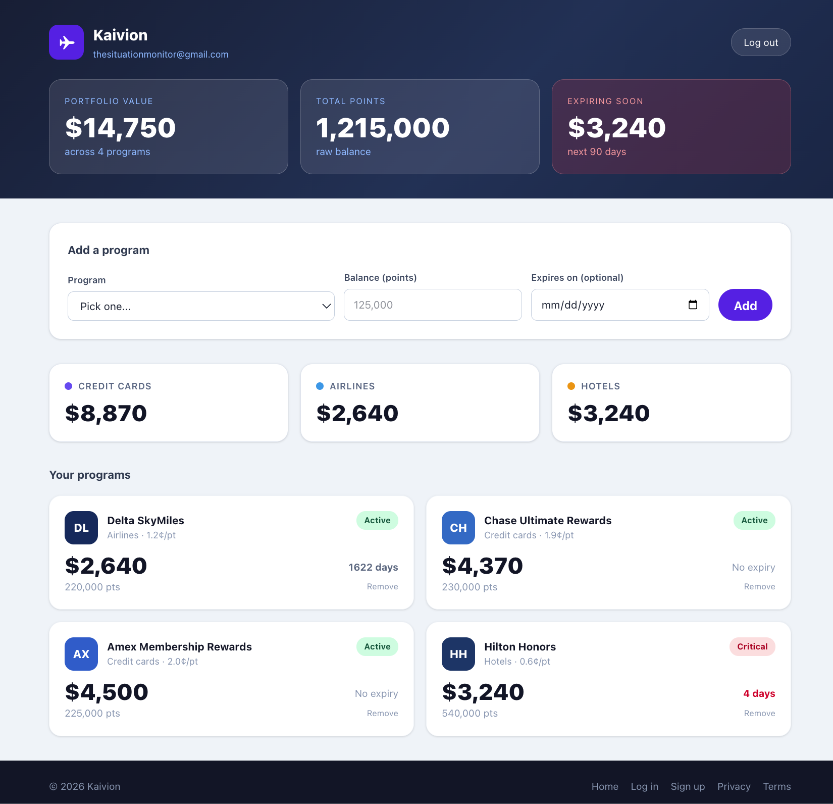 Kaivion dashboard preview showing program balances, baseline dollar value, and expiration warnings